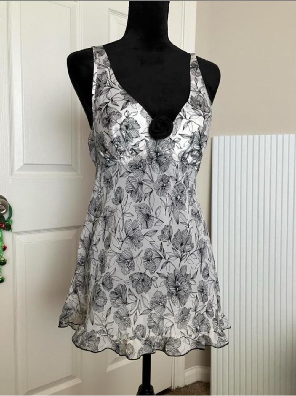 Black and White Floral Slip Dress with Rosette